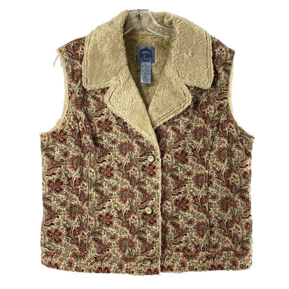 Cambridge Dry Goods Corduroy Vest Womens Large Tan Red Floral Faux Fur Button Up - Picture 1 of 10